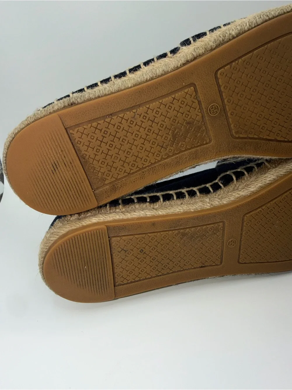 Tony Burch Navy Canvas Espadrilles with Tan & Cream Logo